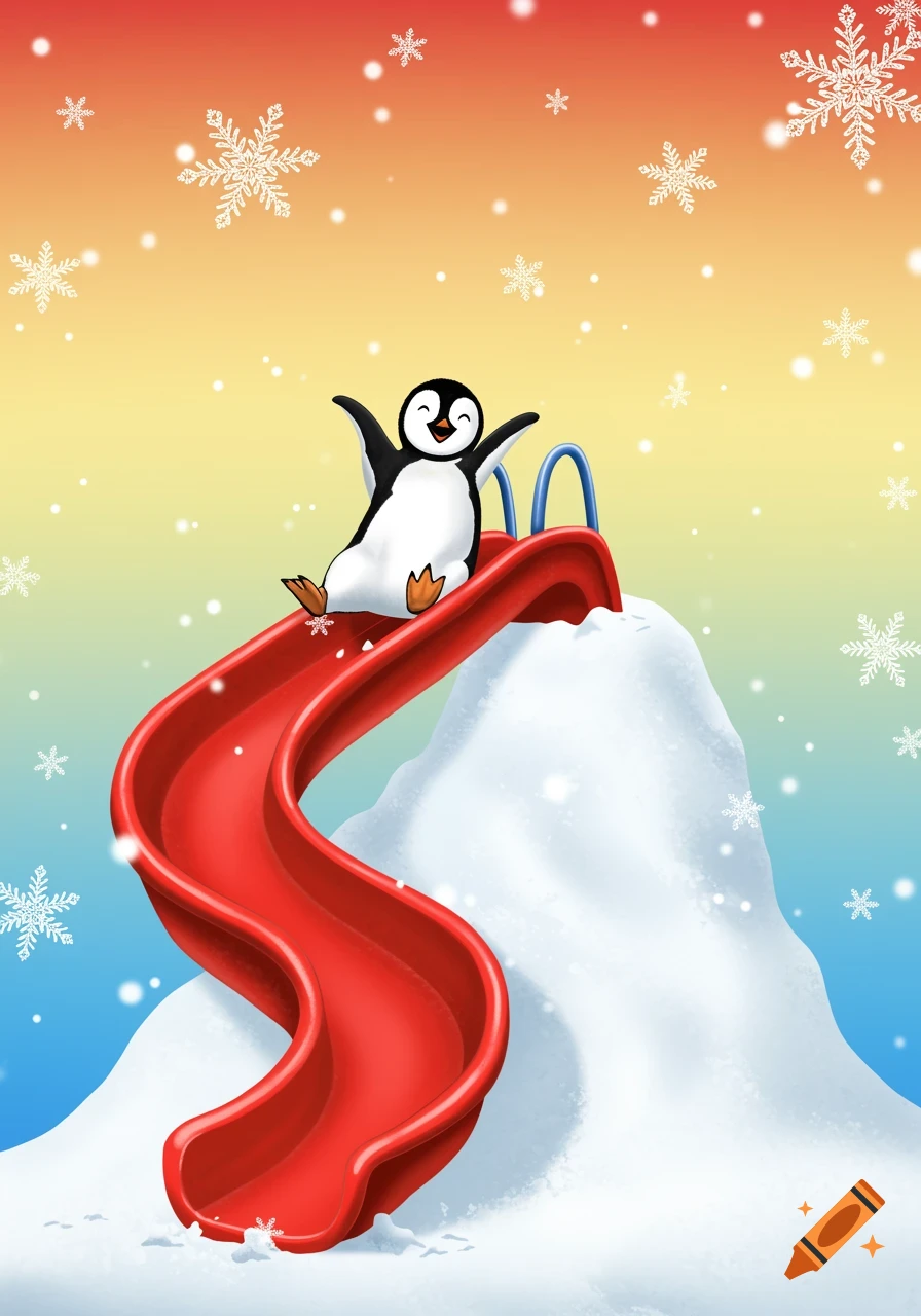 An illustrated happy penguin slides down a red slide on a snowy hill, with a colorful rainbow sky and snowflakes.