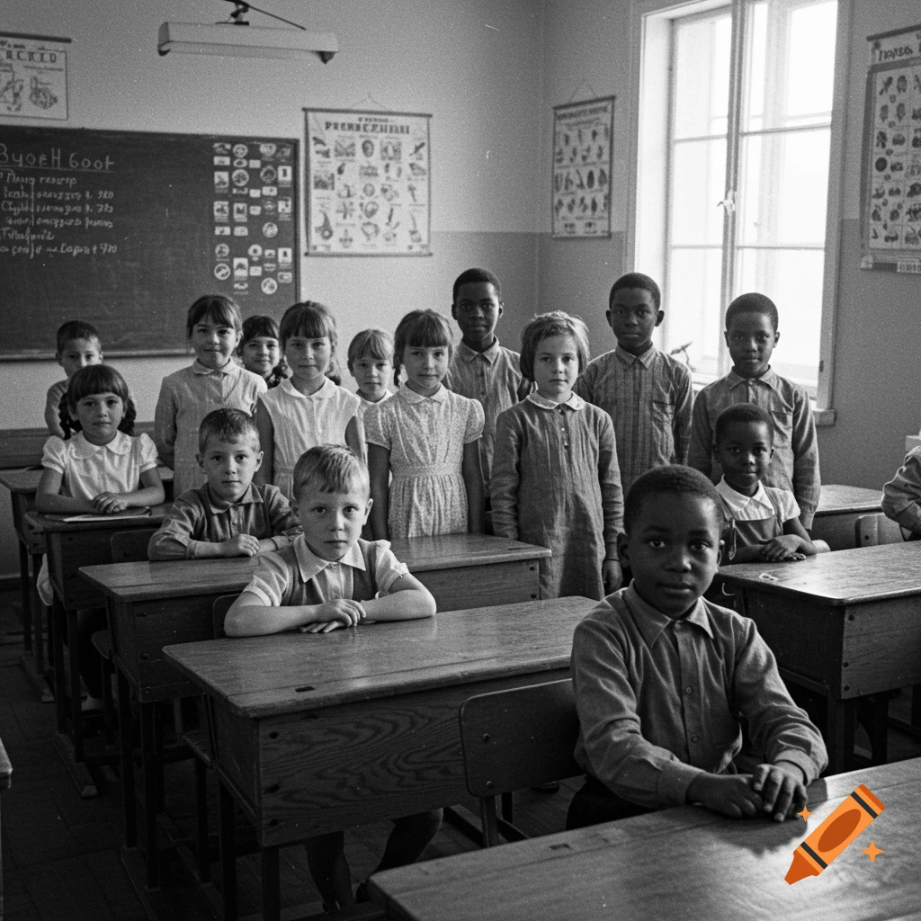 A black and white photograph of a diverse group of children, some sitting at desks and some standing, in a classroom.