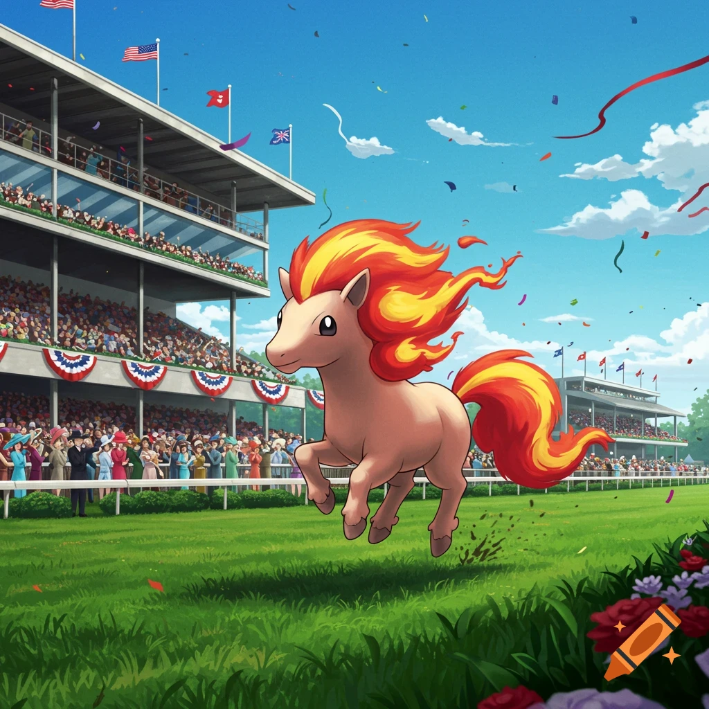 A cartoon Ponyta leaps across a green race track in front of a grandstand filled with spectators and flags under a blue sky.