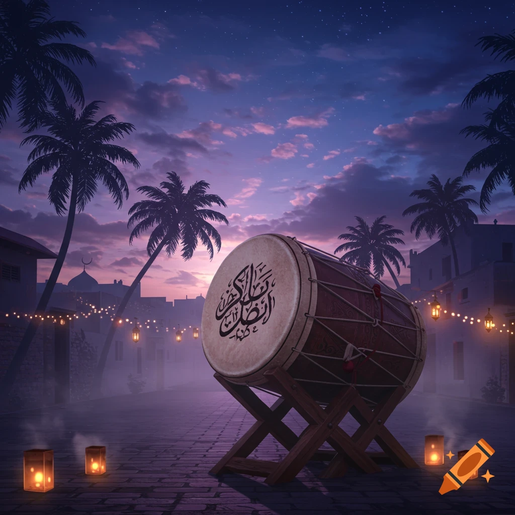 A large drum with Arabic calligraphy stands on a cobblestone street at twilight, surrounded by palm trees, traditional buildings, and glowing lanterns.