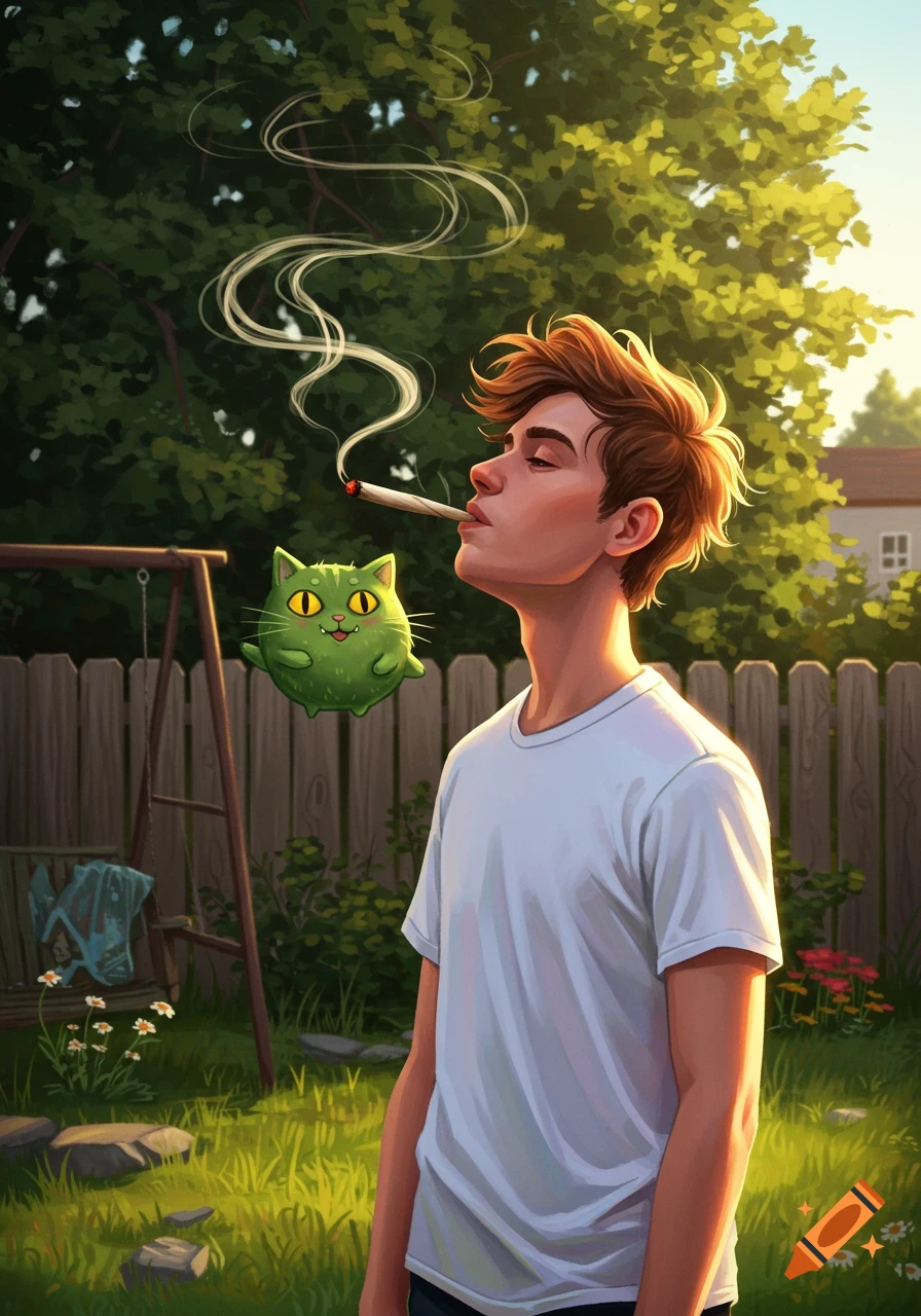 Illustrated scene of a young man smoking a joint in a sunny backyard next to a floating green cartoon cat.