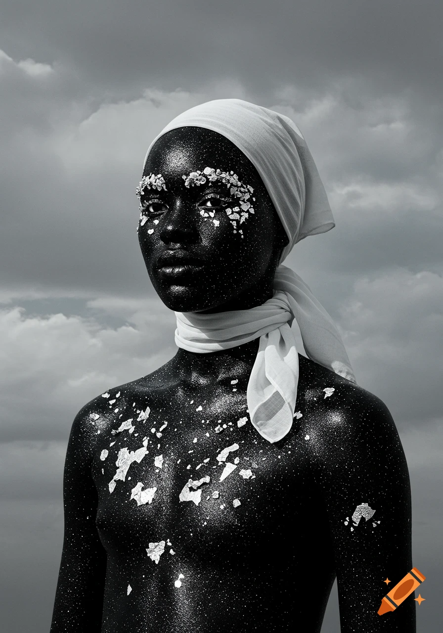 Black and white portrait of a person with opaque black body paint and silver glitter, wearing a white headscarf against a cloudy sky.