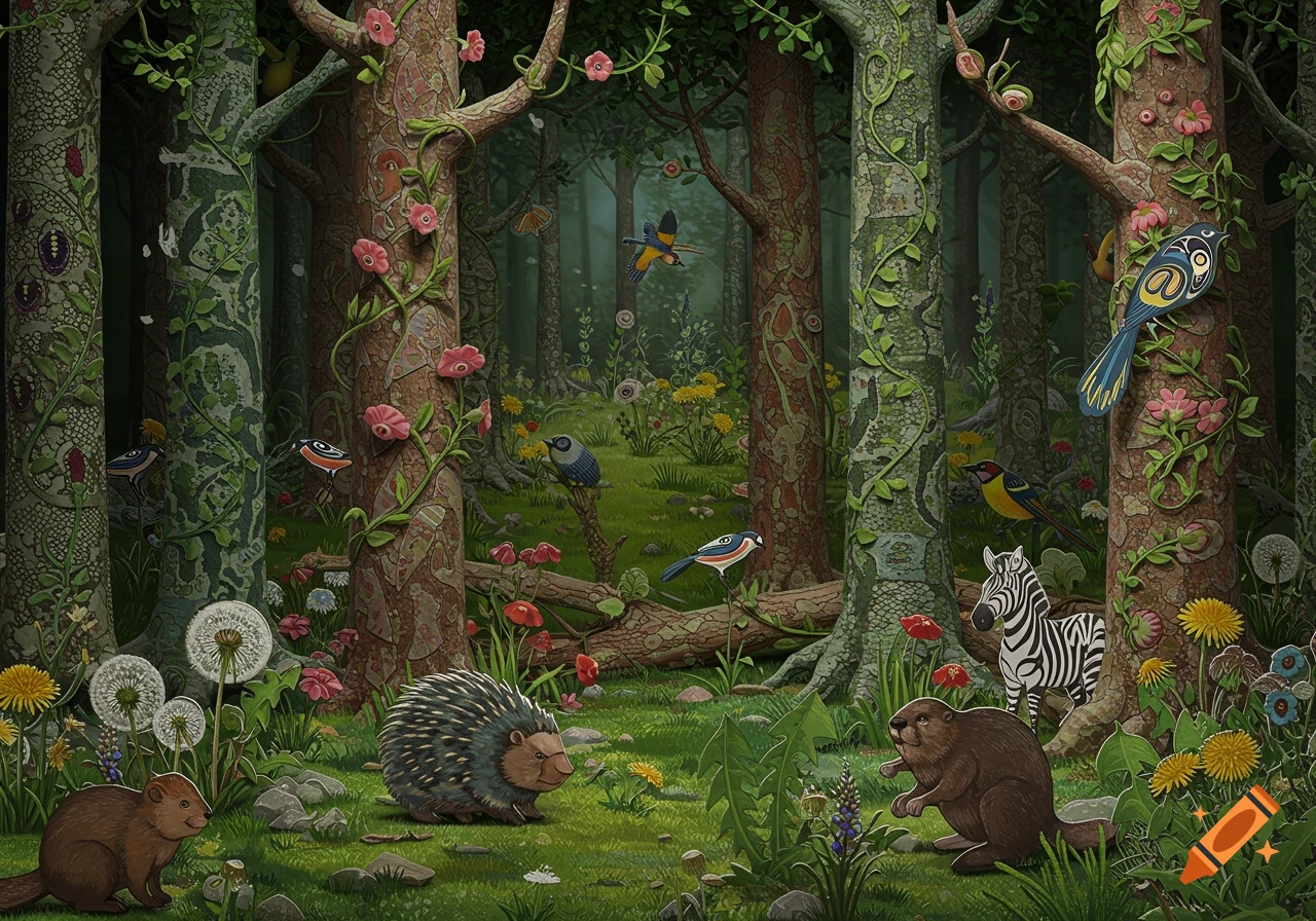 A stylized diorama of a forest with trees, flowers, beavers, a porcupine, zebra, and various birds.