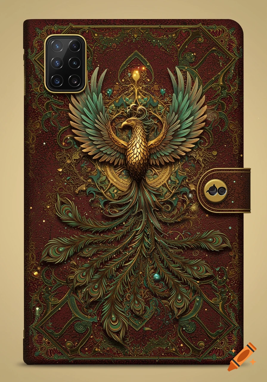 Golden phoenix with teal and gold feathers on an ornate dark red phone case cover with intricate patterns and a camera module.