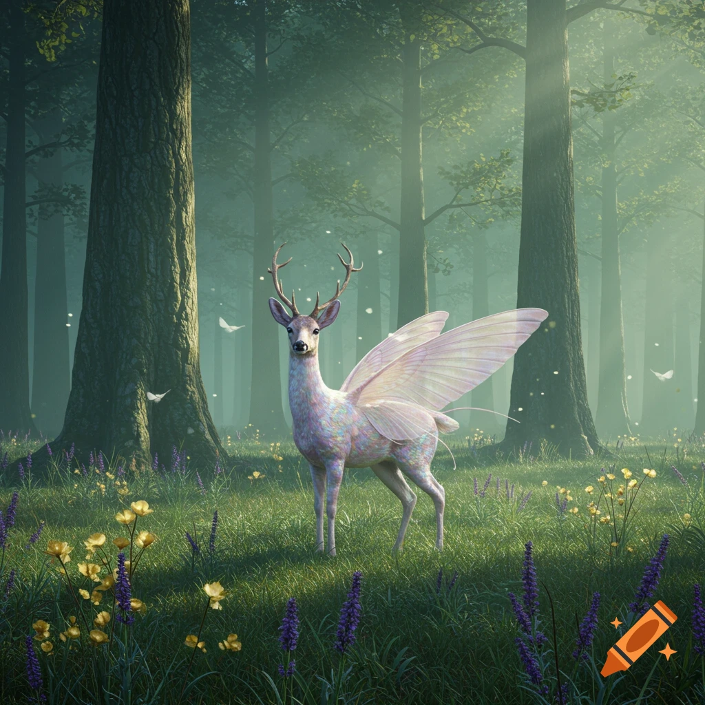A majestic winged deer stands in a sunlit, mystical forest clearing filled with wildflowers.