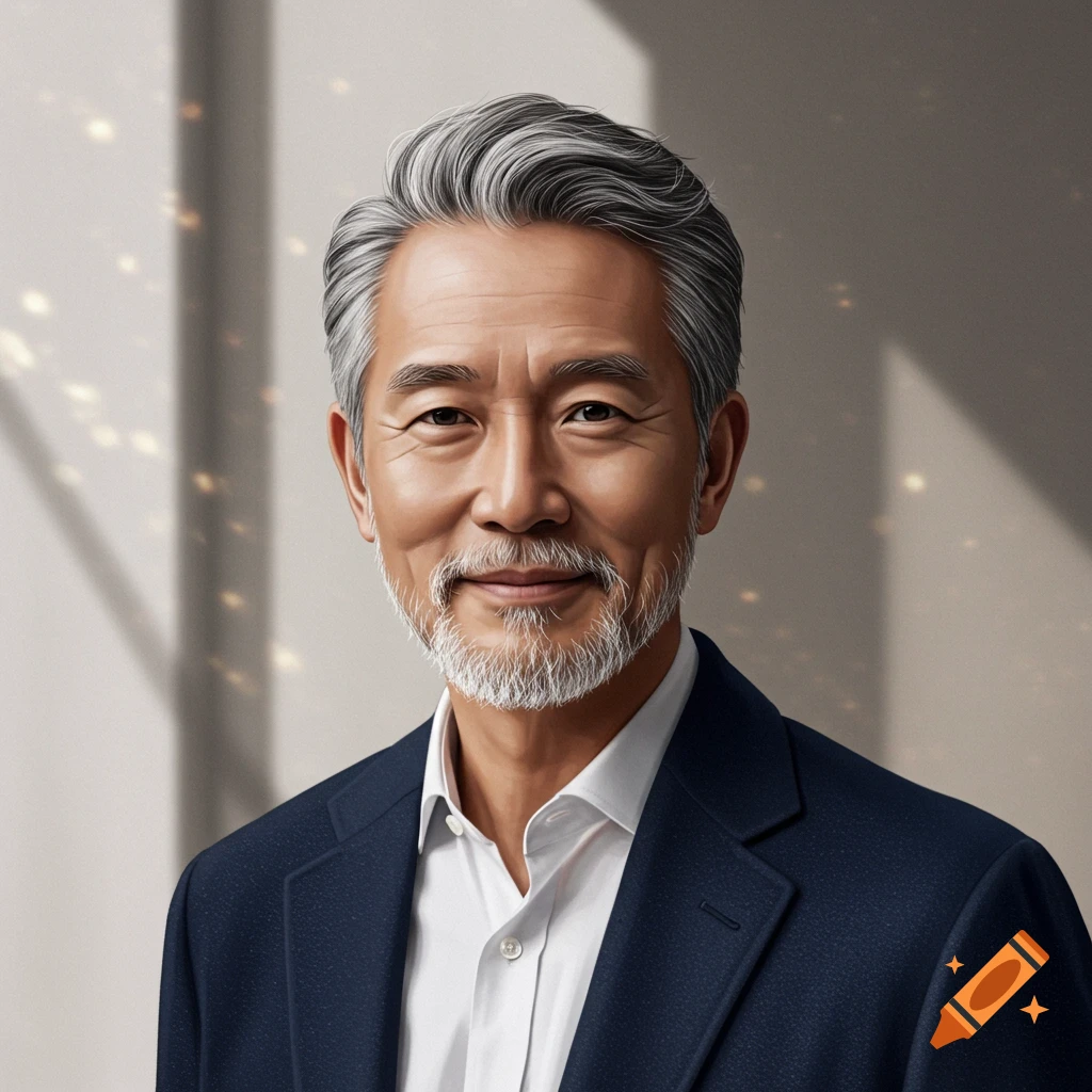 A photorealistic portrait of an older Asian man with gray hair and a beard, wearing a dark suit and white shirt, smiling slightly.