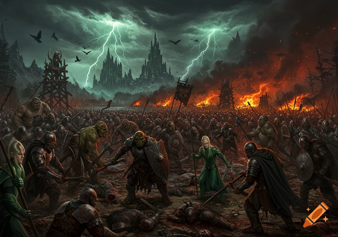 A dark fantasy battlefield with orcs, trolls, and elves fighting under a stormy, lightning-filled sky, with a towering castle and burning forests in the background.
