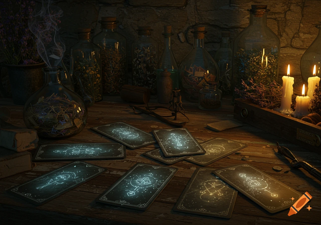 A dimly lit still life of an apothecary's table with glowing divination cards, glass bottles filled with herbs, and lit candles.