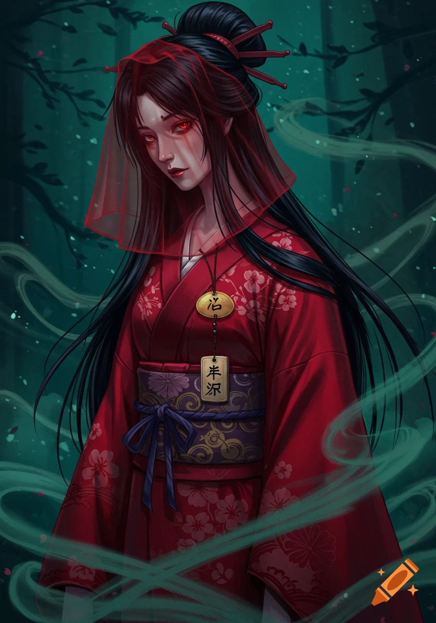 An anime style ghost woman with long black hair, red eyes, a red sheer veil, and a red kimono with floral patterns, standing amidst green mist.