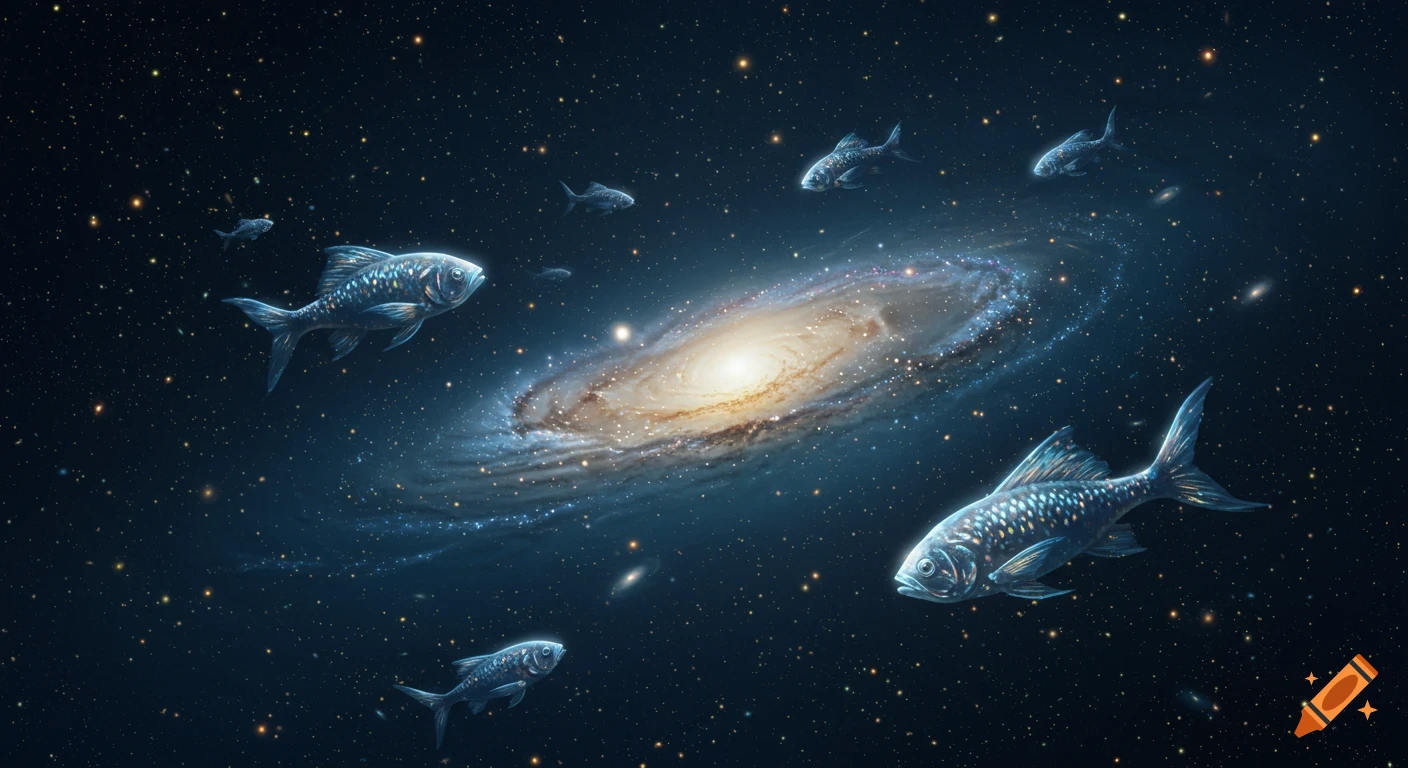 Photorealistic depiction of fish swimming through deep space around a large spiral galaxy.