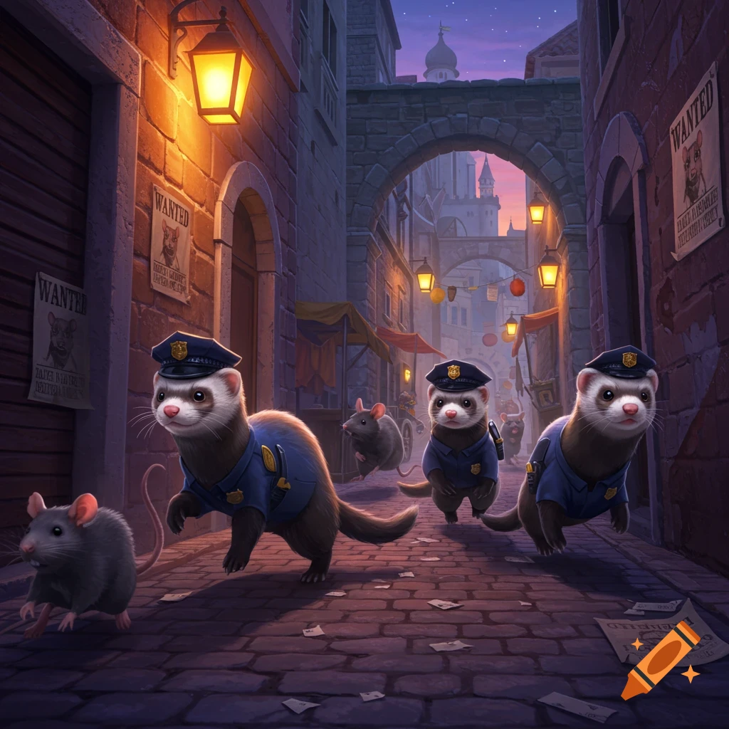 Illustrated scene of ferrets in police uniforms chasing rats down a cobblestone alley in a fantasy city at night.