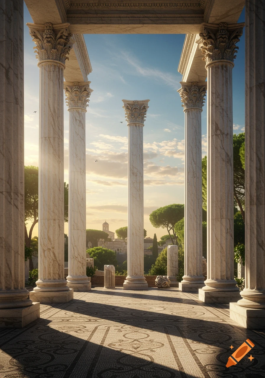 A scenic view through ancient Roman architectural pillars with ornate capitals, bathed in golden sunlight, overlooking a distant classical building.