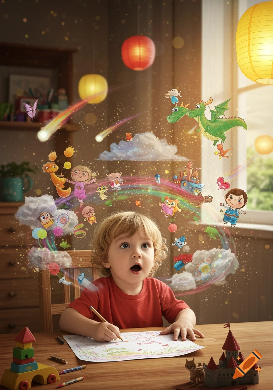 A young child with blond hair sits at a wooden table, drawing on paper, surrounded by whimsical floating cartoon creatures and objects representing imagination.