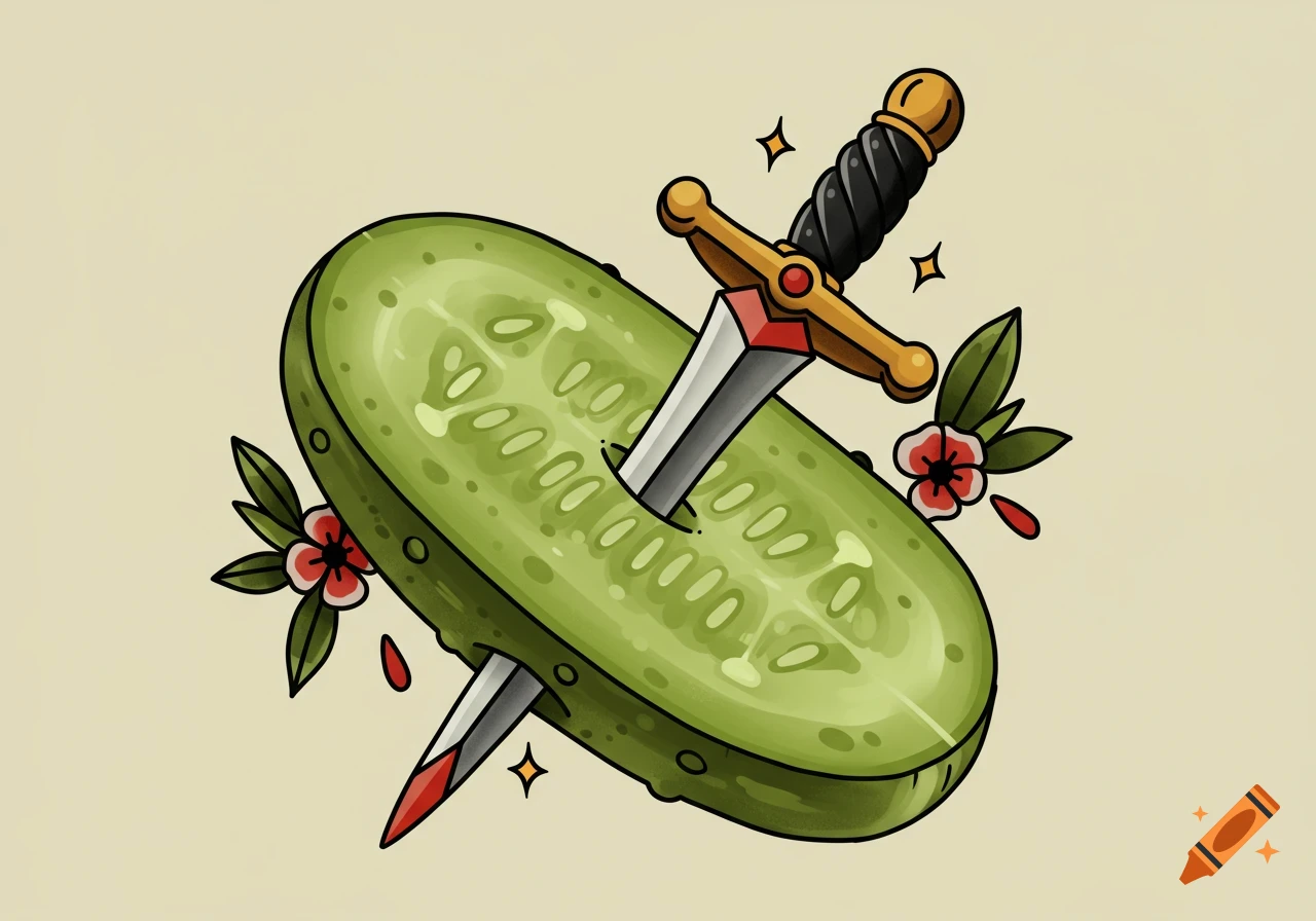 Traditional American tattoo style art of a green pickle slice with a sword stabbed through it, with red flowers and blood.