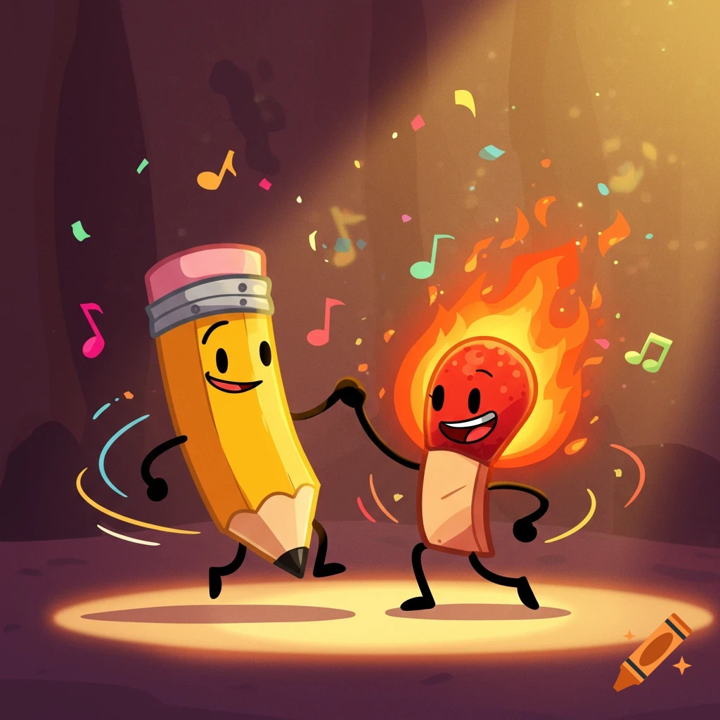 A happy cartoon pencil and a flaming matchstick character dance under a spotlight with musical notes and confetti.