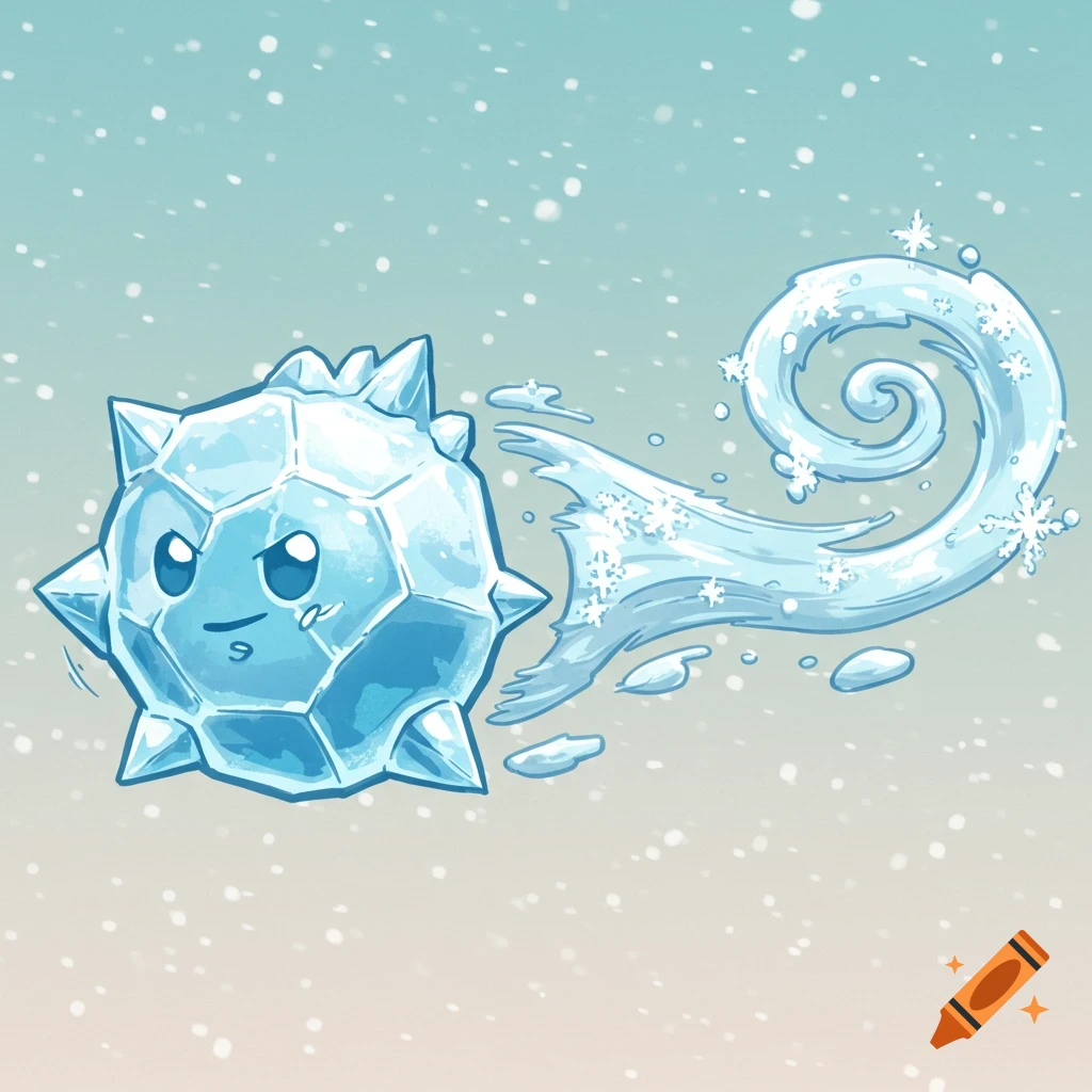 A cute, spiky cartoon ice ball with a face flies through a snowy background, leaving a swirling icy trail.