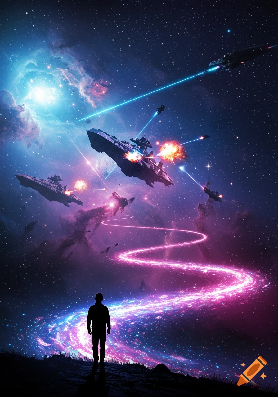 Silhouette of a man watching a vibrant pink and blue galactic trail lead to a space battle with warships and lasers.