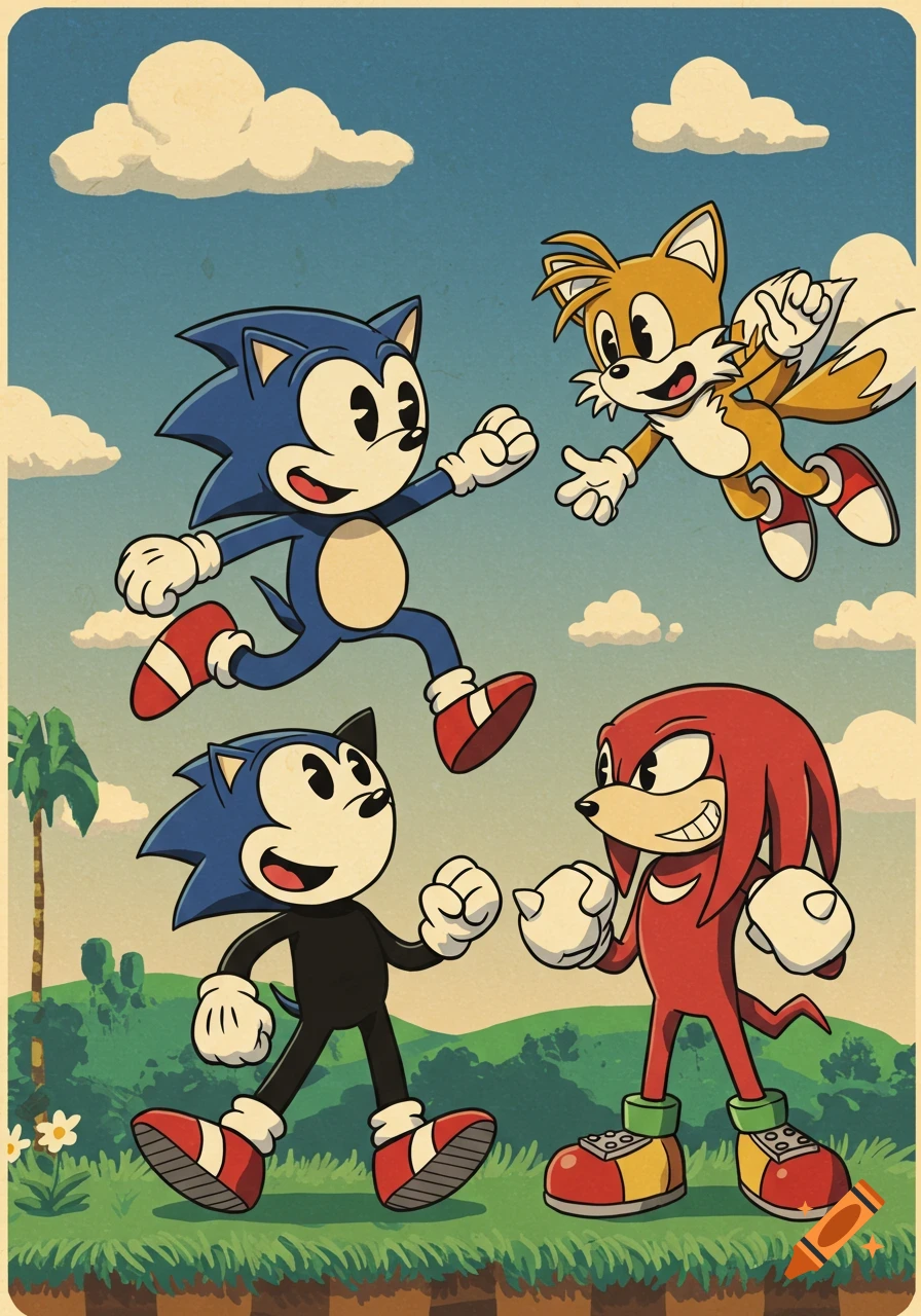 Classic cartoon style illustration of Sonic, Tails, and Knuckles on a grassy hill under a blue sky.