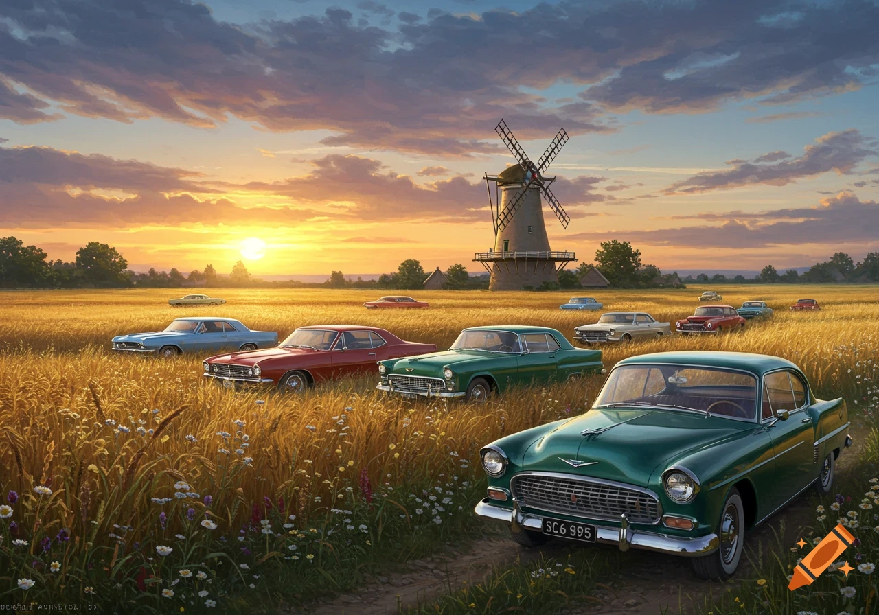 Classic cars parked in a golden field with a windmill under a vibrant sunset sky, photorealistic style.