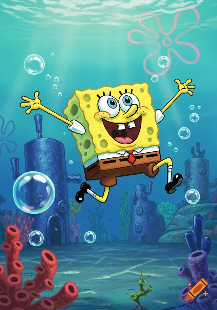 A smiling Spongebob Squarepants stands on the sandy ocean floor surrounded  by red and purple coral, green seaweed, and floating bubbles. on Craiyon, image size:896x1280