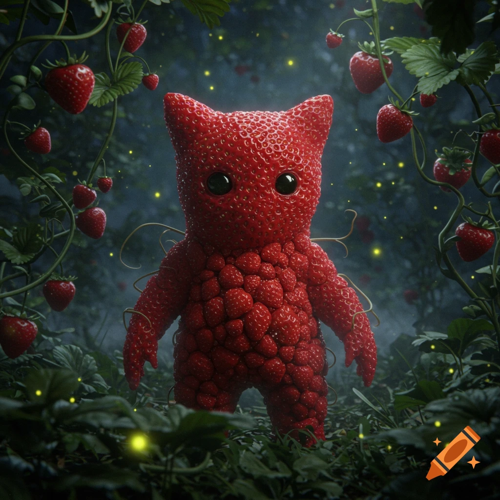 A whimsical strawberry creature with large eyes stands in a dark, glowing forest.