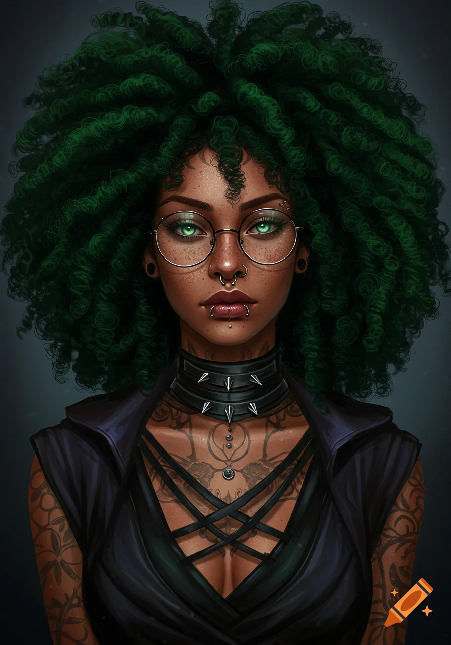Portrait of a dark-skinned woman with green curly hair, green eyes, glasses, piercings, and tattoos, wearing a spiked choker.