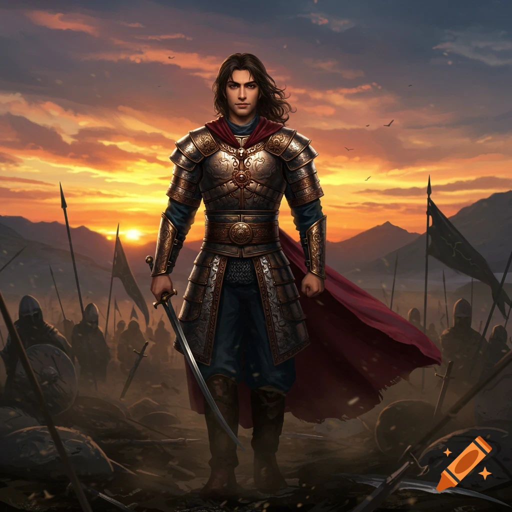 A male warrior in ornate armor stands on a battlefield at sunset, holding a sword, with blurred figures in the background.