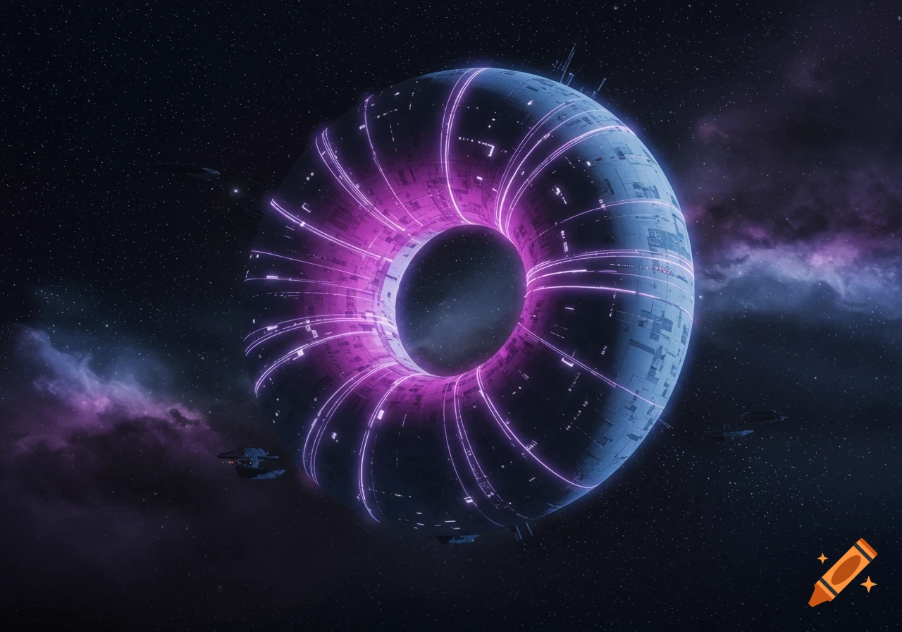 A large, ring-shaped spaceship with glowing purple lights orbits in a dark starry sky with cosmic nebulae.