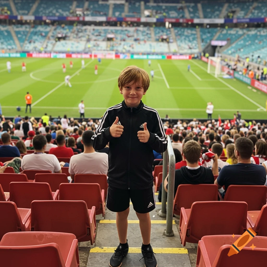 A young boy in a black Adidas tracksuit gives two thumbs up at a football stadium.