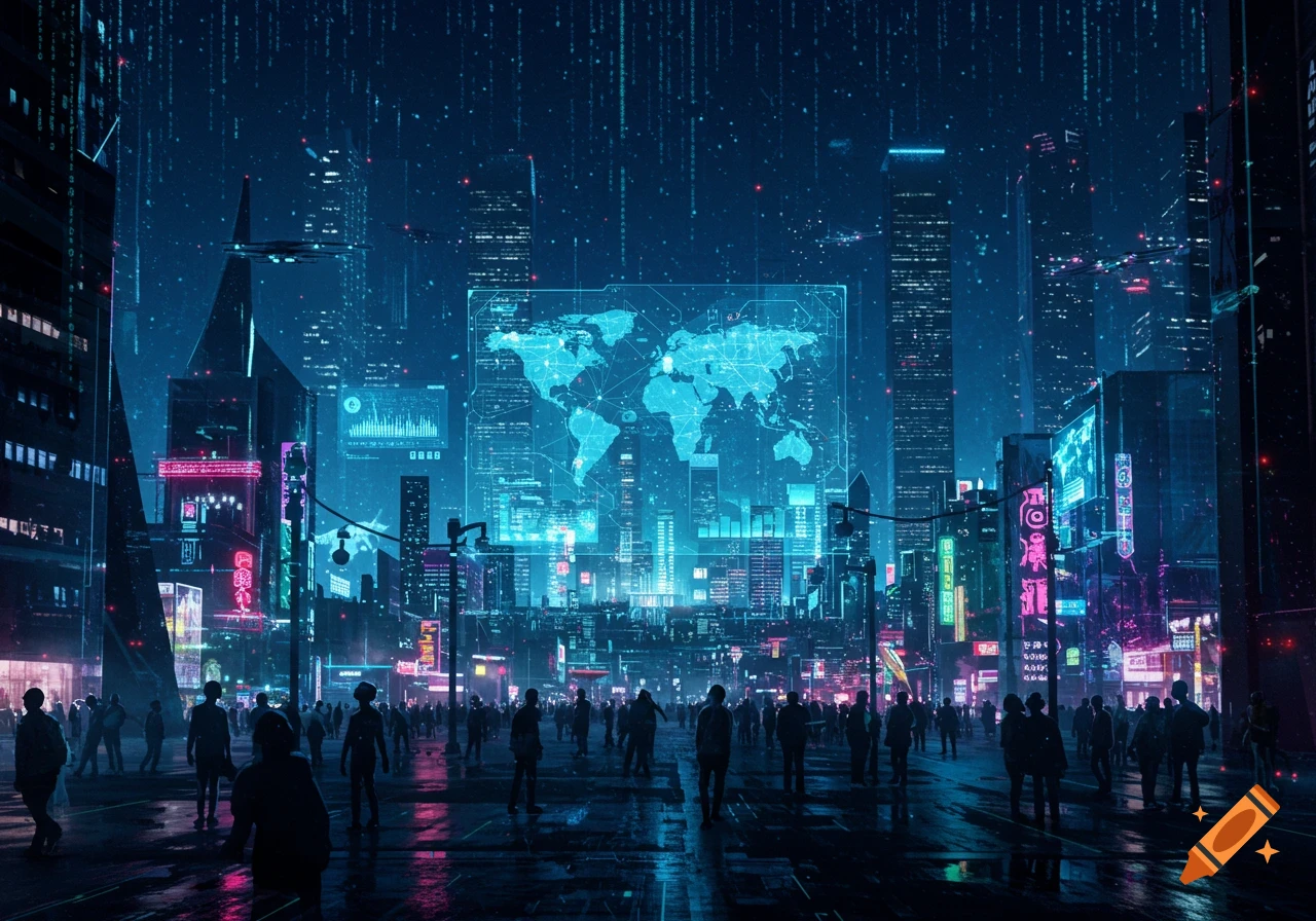 A dark, futuristic cyberpunk city at night with silhouetted people, neon lights, glowing skyscrapers, and large holographic displays.
