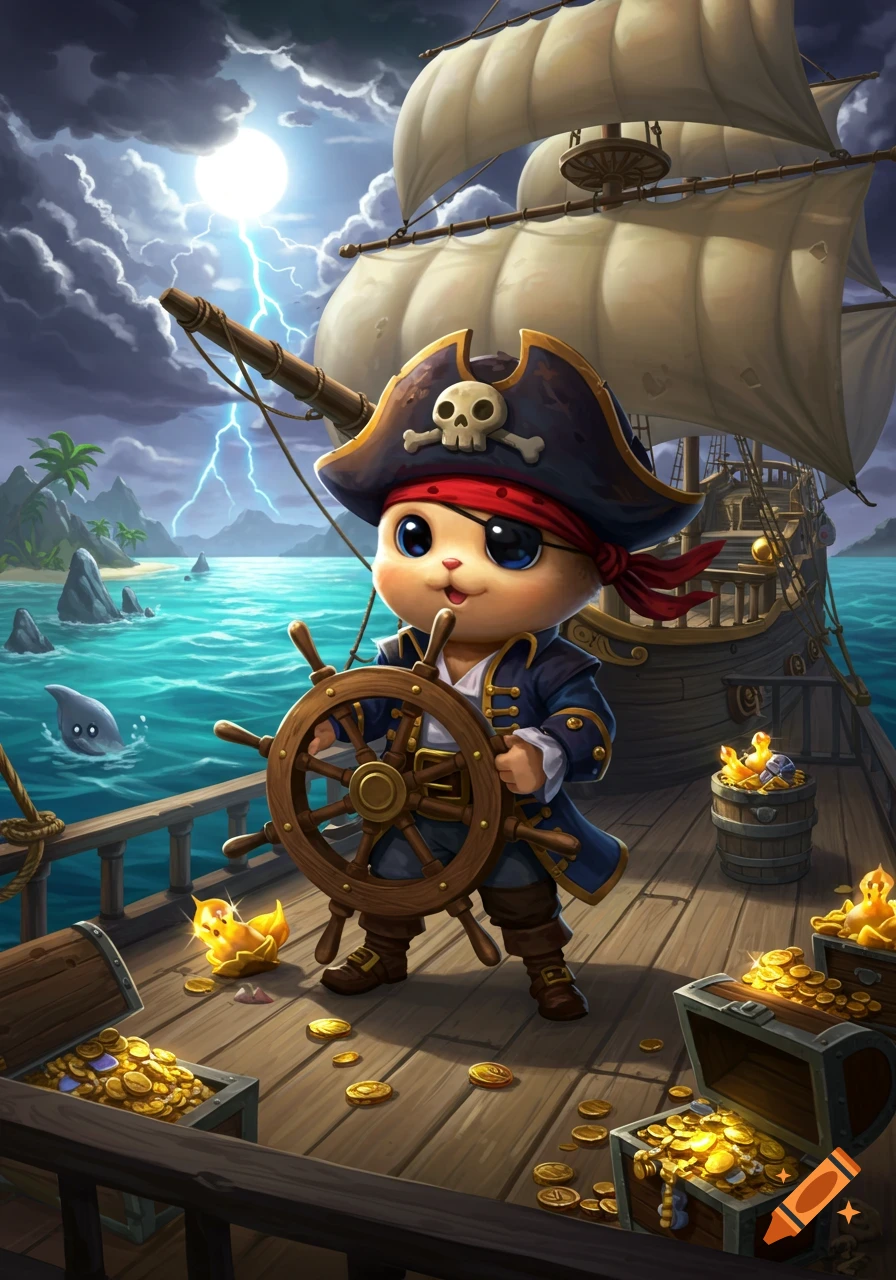A cute, big-eyed pirate creature steers a ship wheel on a stormy sea at night, with lightning and treasure chests of gold.