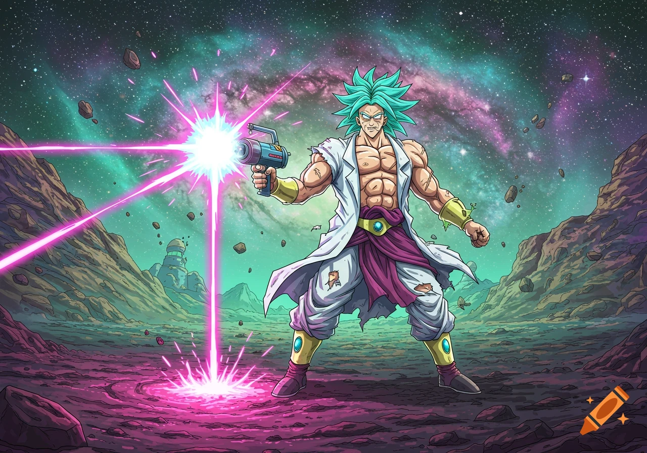 Broly as Rick, a muscular anime character, fires a laser gun on a colorful alien planet with a starry nebula.