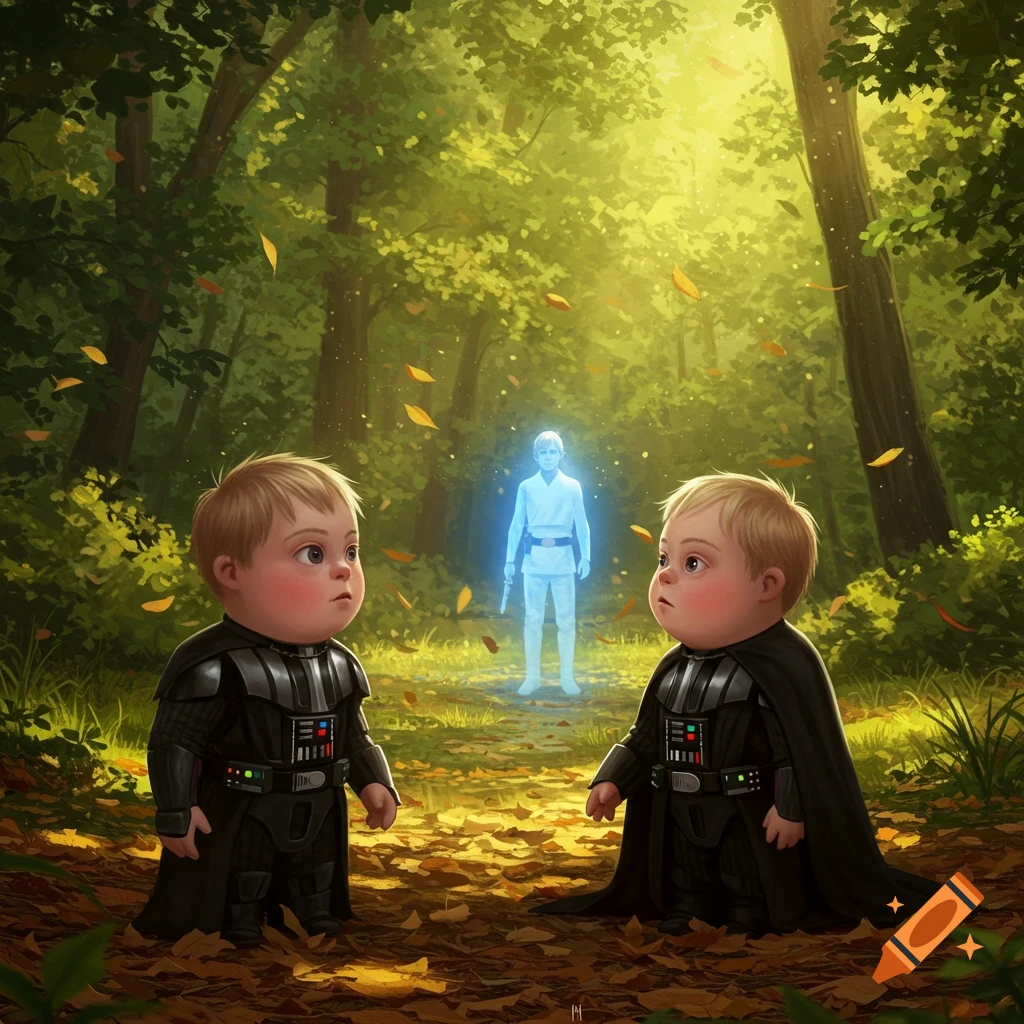 Two toddlers dressed as Darth Vader look at a glowing blue Luke Skywalker figure in a magical autumn forest.