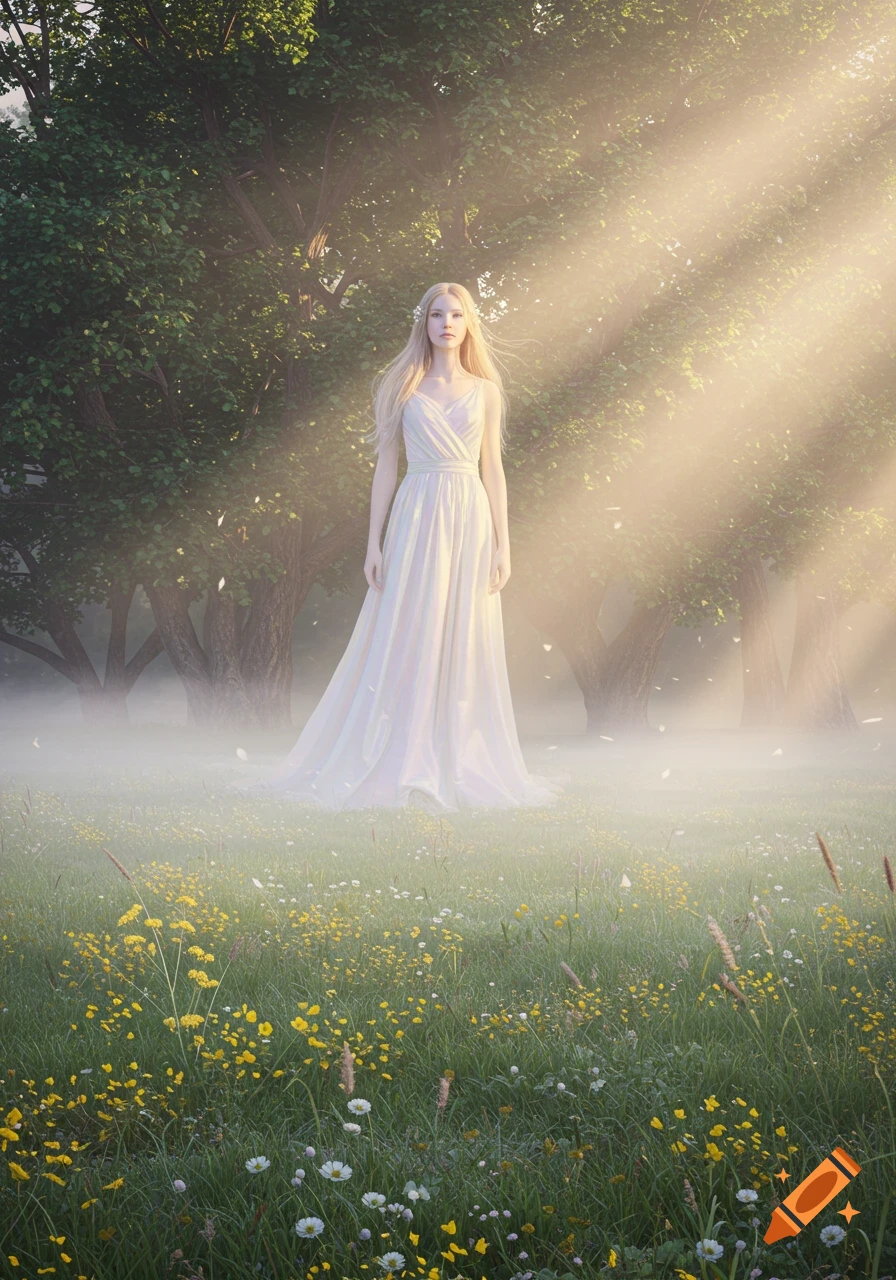 A tall, blonde woman in a white dress stands in a misty meadow with wildflowers and sun rays through trees.
