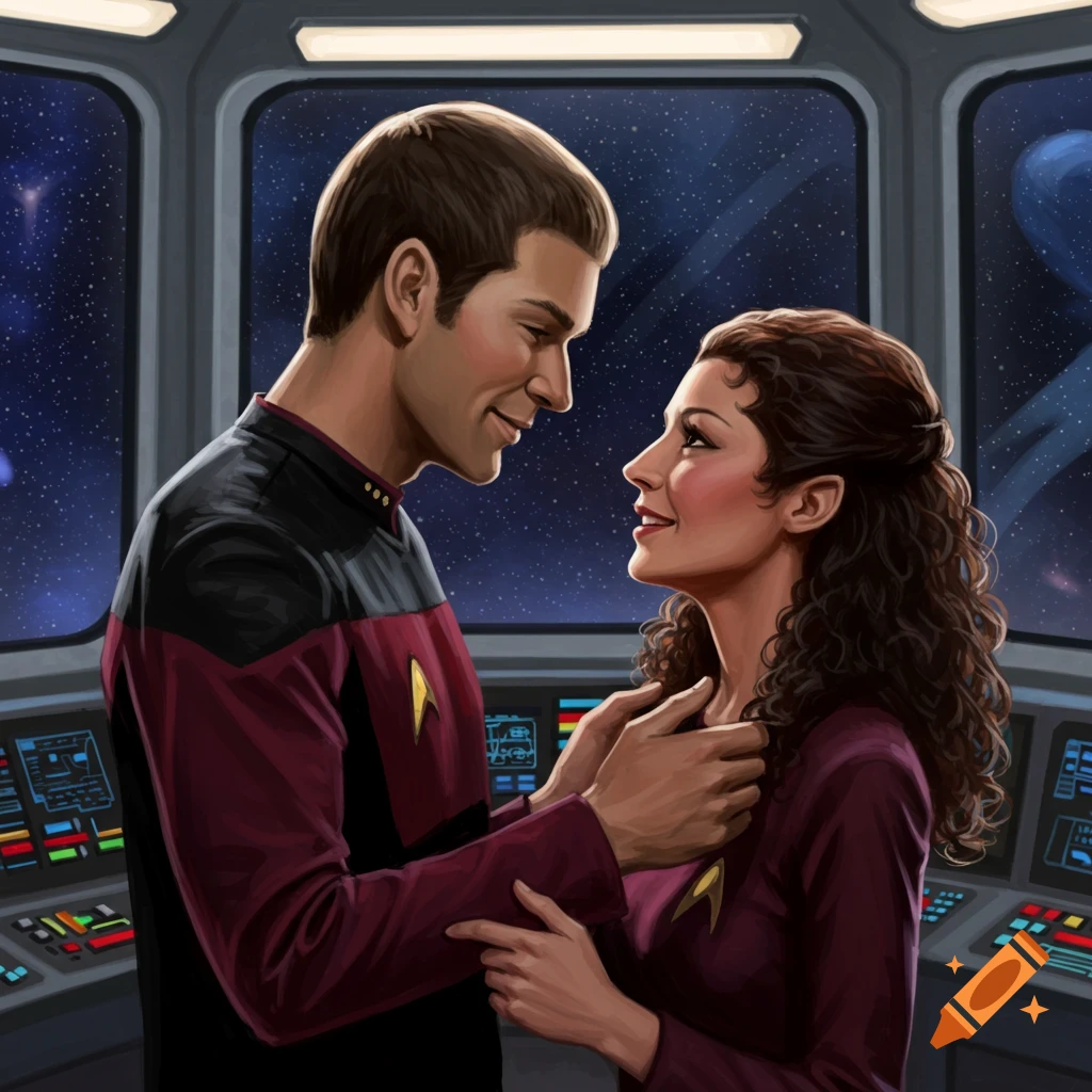 An illustrated man and woman in Star Trek uniforms look lovingly at each other on a spaceship bridge.