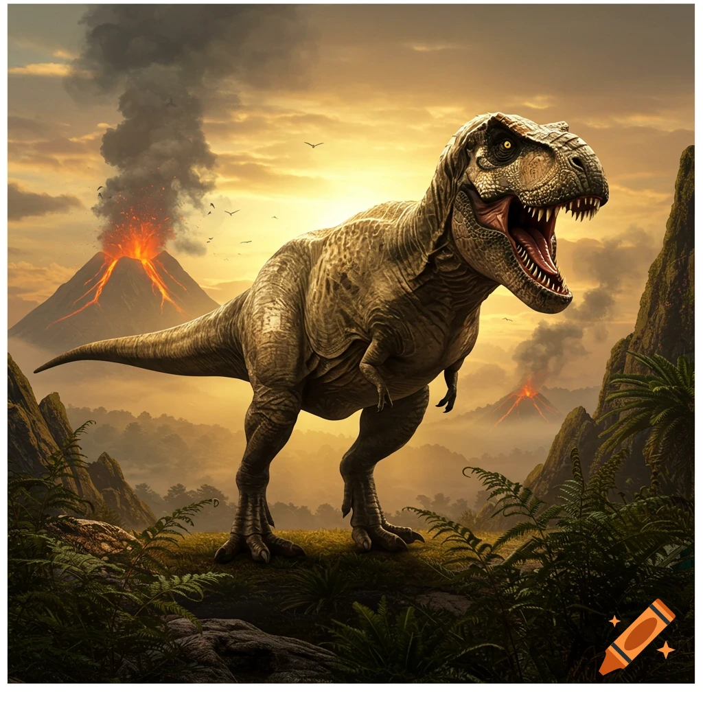 A photorealistic T-Rex stands in a prehistoric landscape with erupting volcanoes under an orange sky.