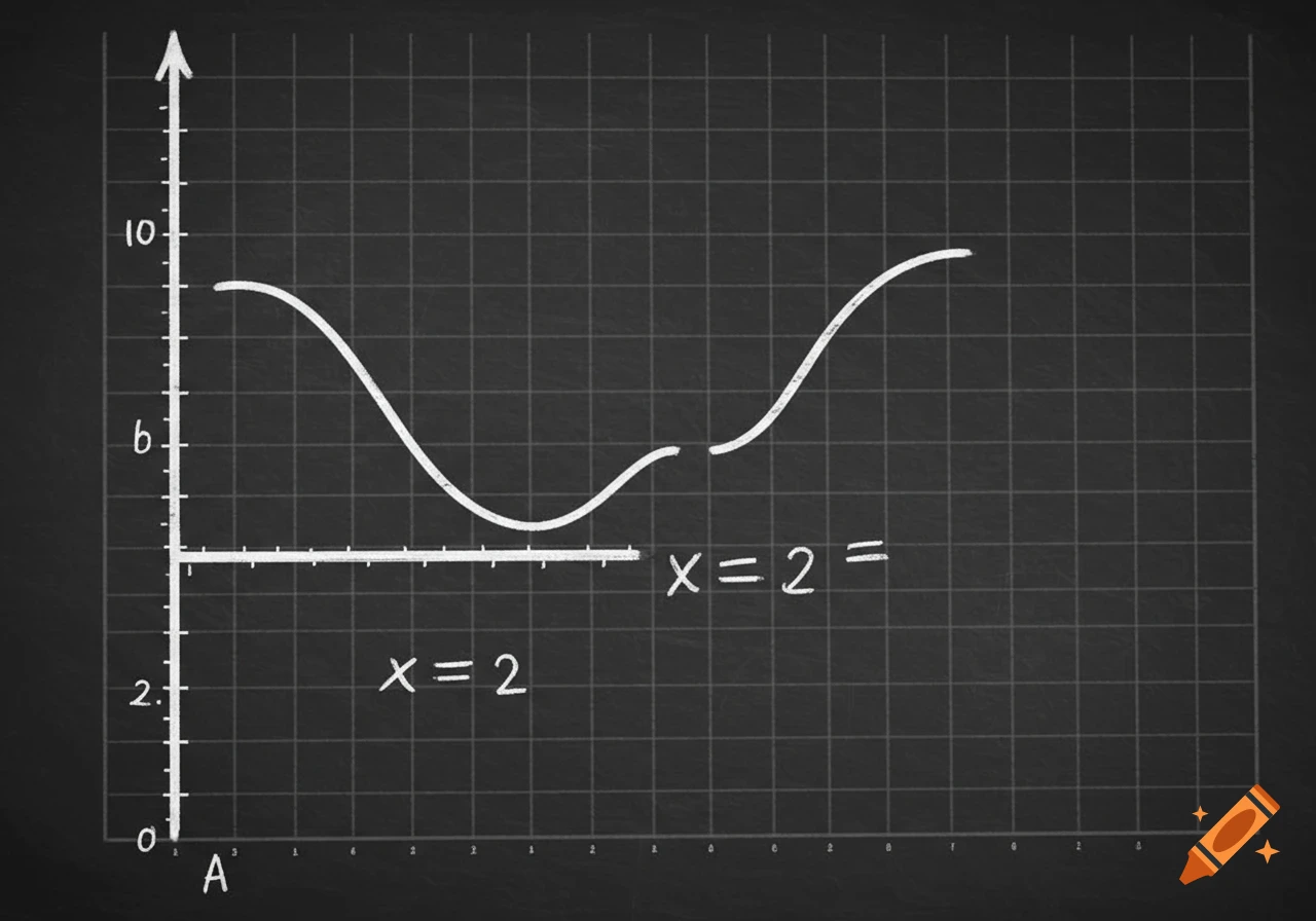 A white chalk drawing on a black chalkboard shows a graph of a function that is discontinuous at x=2, with labeled axes.