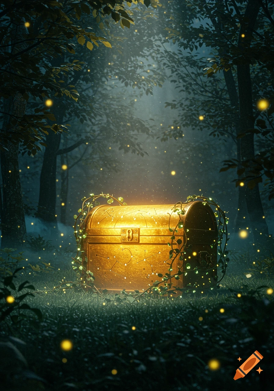 A glowing golden treasure chest covered in vines sits on the forest floor, surrounded by magical sparkling lights.