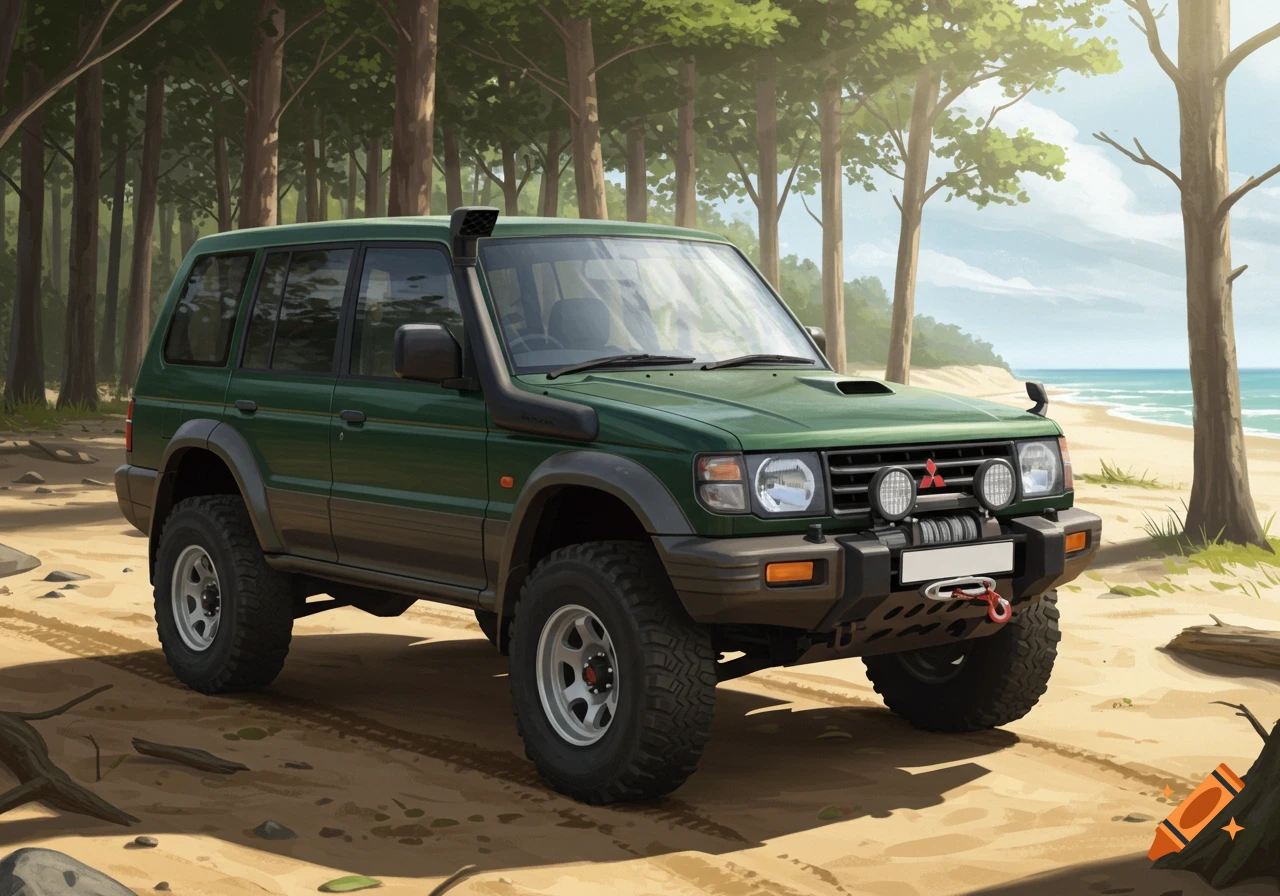 A dark green Mitsubishi Pajero II off-road vehicle with a snorkel and winch parked on a sandy path next to a forest and beach in an illustrative style.