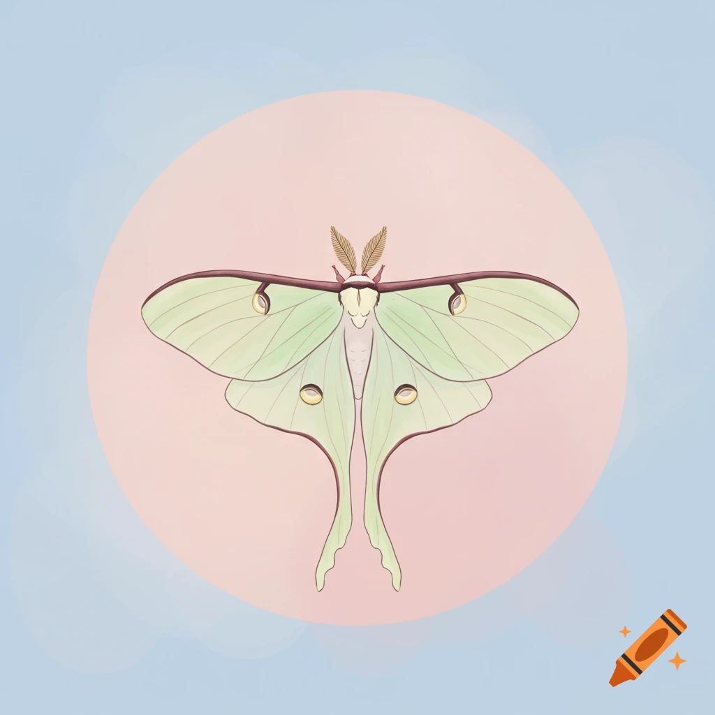 A minimalist illustration of a luna moth with green wings and a brown body, centered on a light pink circular background against a soft blue background.