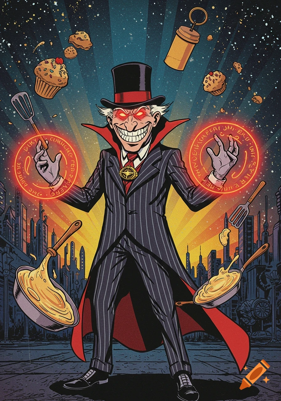 A grinning, evil-looking man in a top hat and pinstripe suit with glowing red eyes, surrounded by levitating muffins, spatulas, and frying pans, in a comic art style.