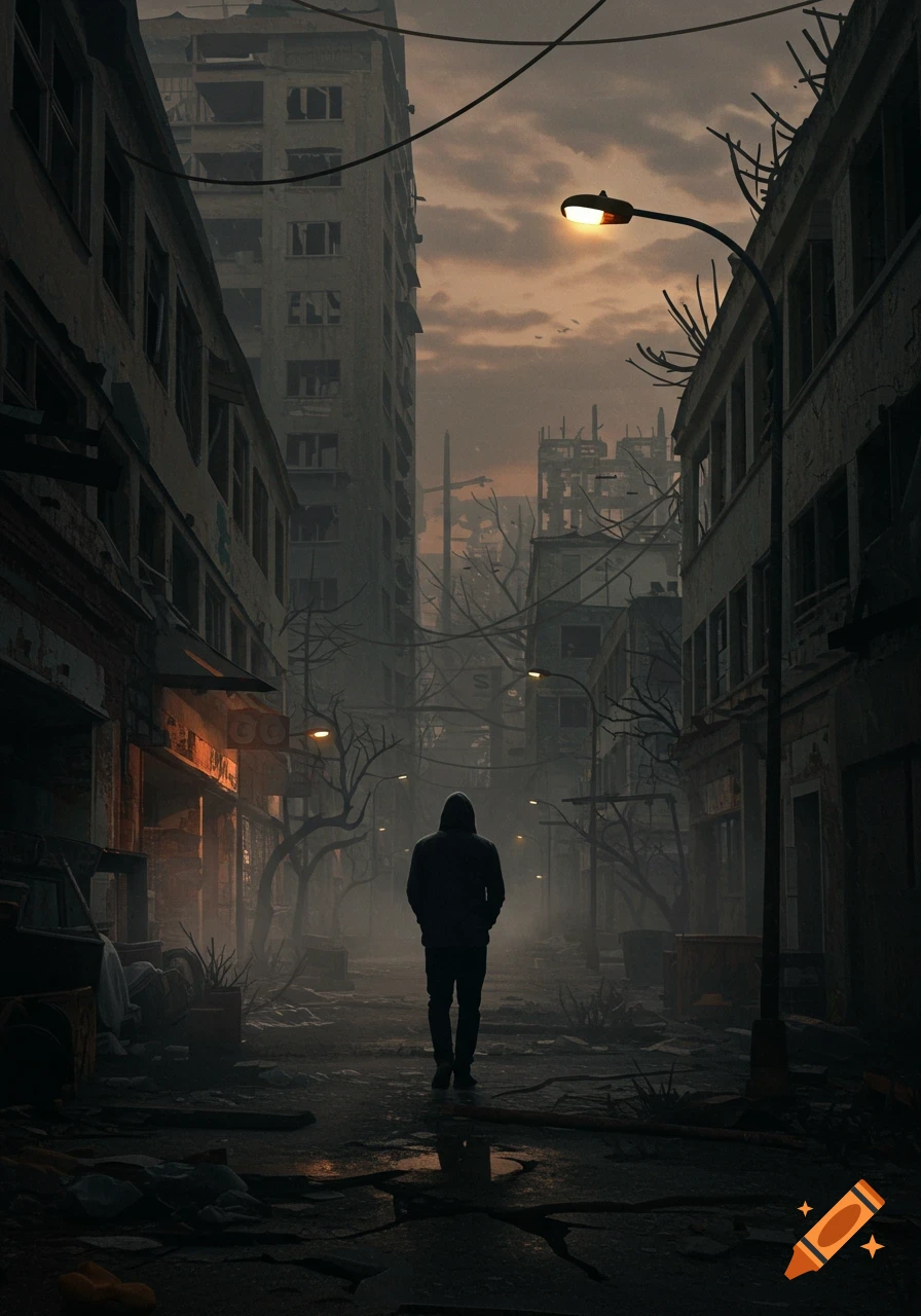 A person in a hoodie walks through a dark, desolate street lined with ruined buildings and bare trees under a cloudy, orange sky, depicting urban decay.