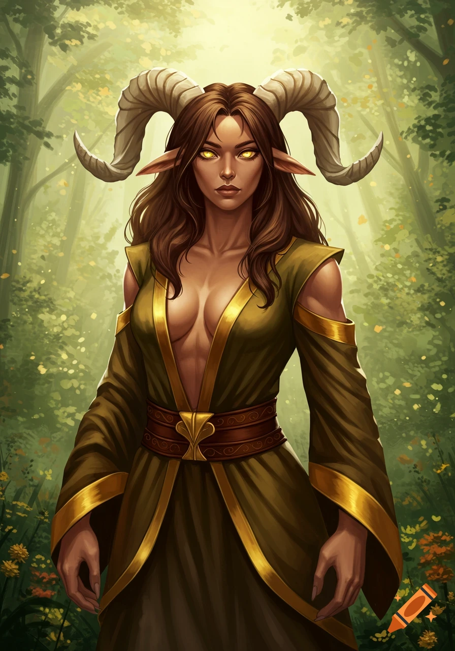 A muscular female faun with long brown hair, ram horns, and glowing yellow eyes, wearing green and gold robes, stands in a sunlit forest. Digital art.