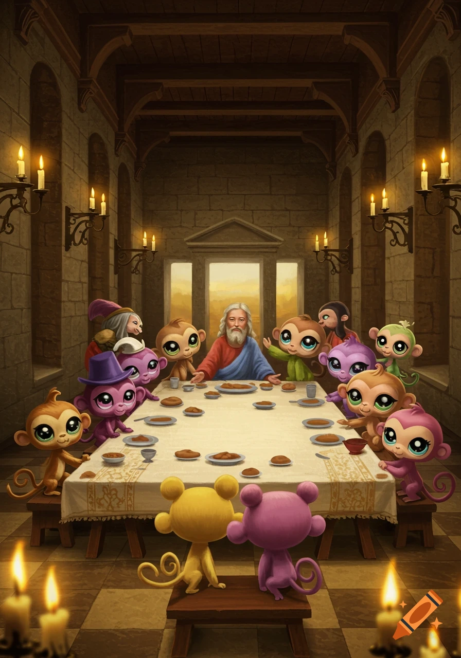Cartoon monkeys and a human figure resembling Jesus at a long table in a candlelit, stone-walled room, parodying The Last Supper.