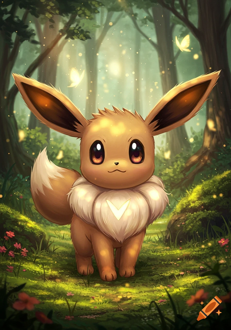 Eevee, a cute brown Pok emon with large ears and a fluffy white collar with a V-shape, stands in a mystical sunlit forest with glowing butterflies.