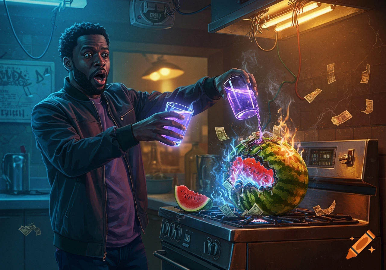 A man with a shocked expression pours glowing purple liquid onto a watermelon filled with money and fire on a stove in a blue and orange lit cyberpunk kitchen.