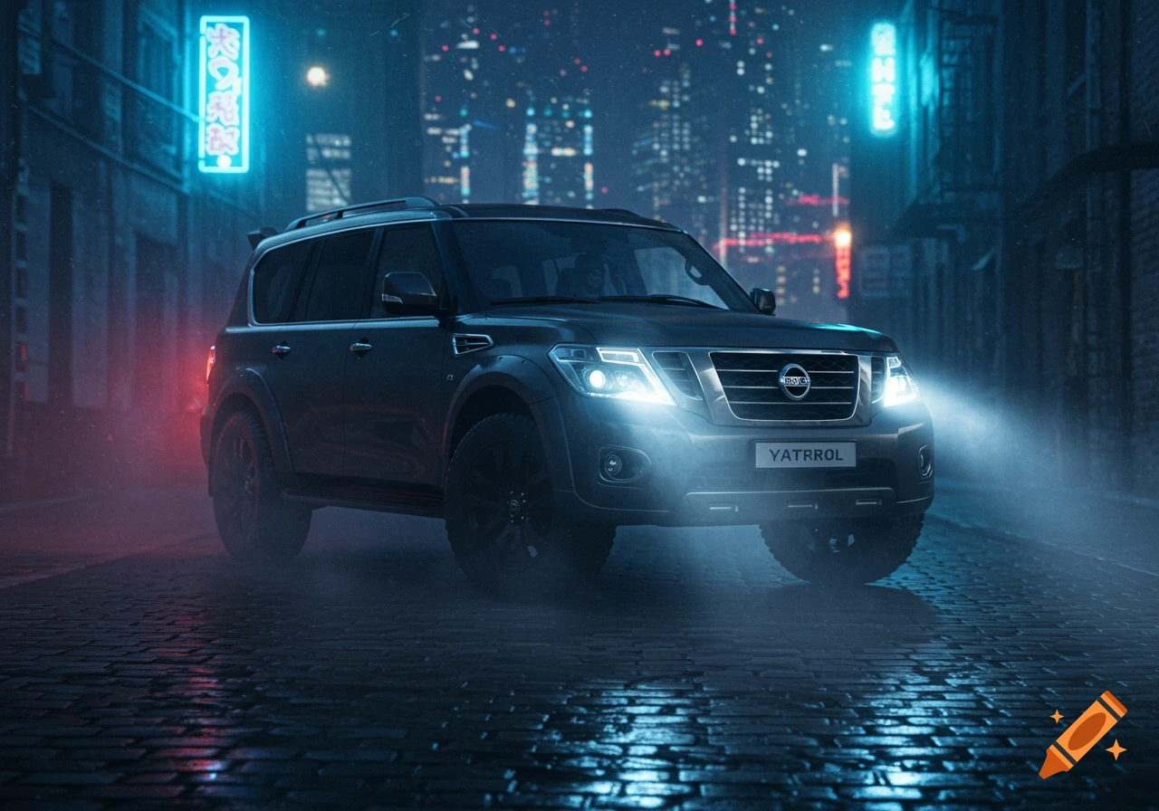 Dark gray SUV with headlights on driving on a wet cobblestone street at night in a city alley with neon signs.