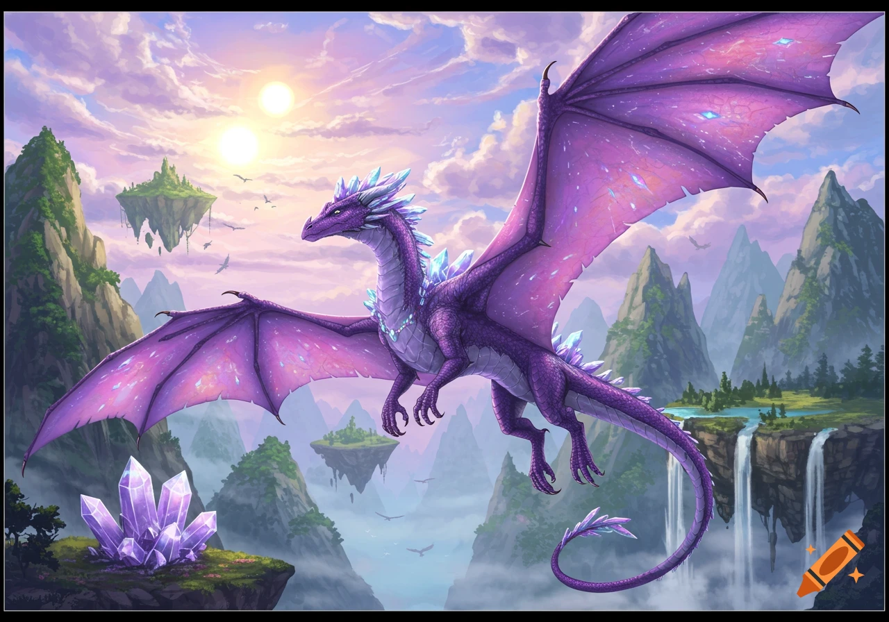 A majestic purple wyvern with crystal accents flies over a fantastical landscape featuring floating islands, mountains, waterfalls, and large purple crystals under a sky with two suns.