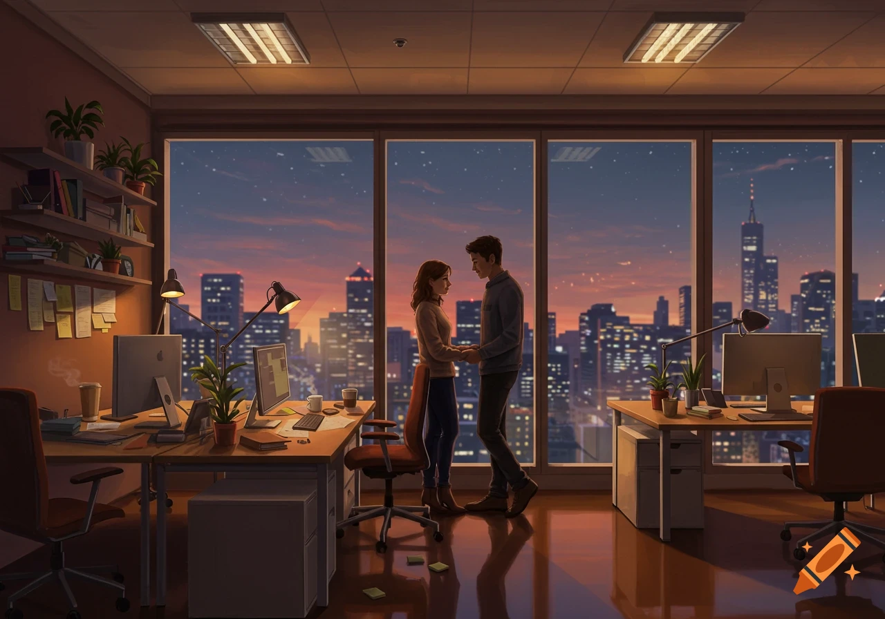 Digital art of a man and woman holding hands in an office at sunset, overlooking a city.