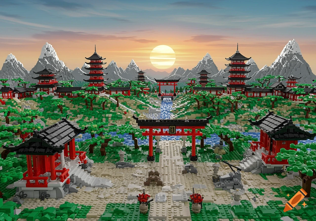 A vibrant Lego landscape with numerous red and black Japanese pagodas, torii gates, and a river winding through green hills under a sunset sky with snowy mountains.